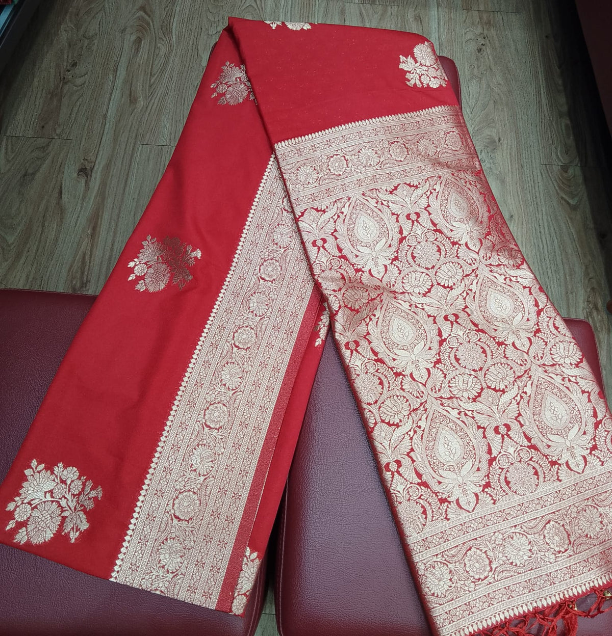Coral Red Banarasi Soft Georgette Saree with Silver Zari Floral Buttas and Rich Brocade Pallu