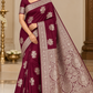 Wine Maroon Banarasi Soft Georgette Saree with Silver Zari Floral Buttas and Rich Brocade Pallu