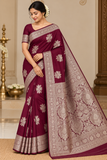 Wine Maroon Banarasi Soft Georgette Saree with Silver Zari Floral Buttas and Rich Brocade Pallu