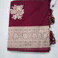 Wine Maroon Banarasi Soft Georgette Saree with Silver Zari Floral Buttas and Rich Brocade Pallu