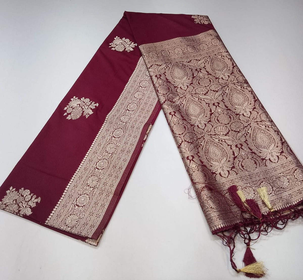 Wine Maroon Banarasi Soft Georgette Saree with Silver Zari Floral Buttas and Rich Brocade Pallu
