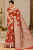 Rust Orange Banarasi Soft Georgette Saree with Silver Zari Floral Buttas and Rich Brocade Pallu