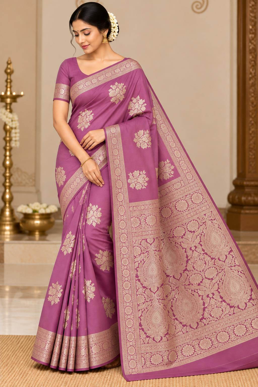 Lavender Mauve Banarasi Soft Georgette Saree with Zari Floral Buttas and Rich Brocade Pallu