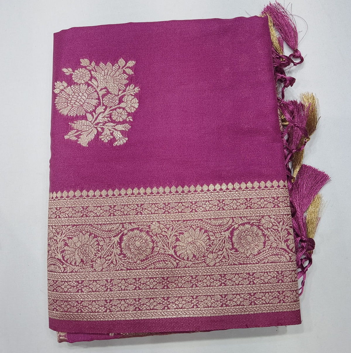 Lavender Mauve Banarasi Soft Georgette Saree with Zari Floral Buttas and Rich Brocade Pallu