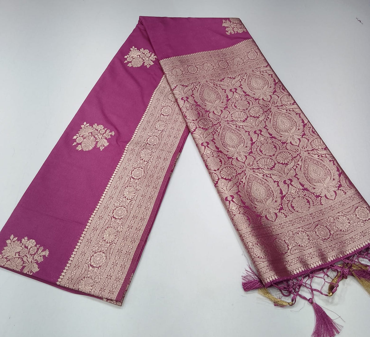 Lavender Mauve Banarasi Soft Georgette Saree with Zari Floral Buttas and Rich Brocade Pallu