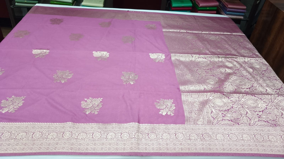 Lavender Mauve Banarasi Soft Georgette Saree with Zari Floral Buttas and Rich Brocade Pallu