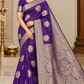 Royal Violet Purple Banarasi Soft Georgette Saree with Antique Gold Zari Floral Buttas