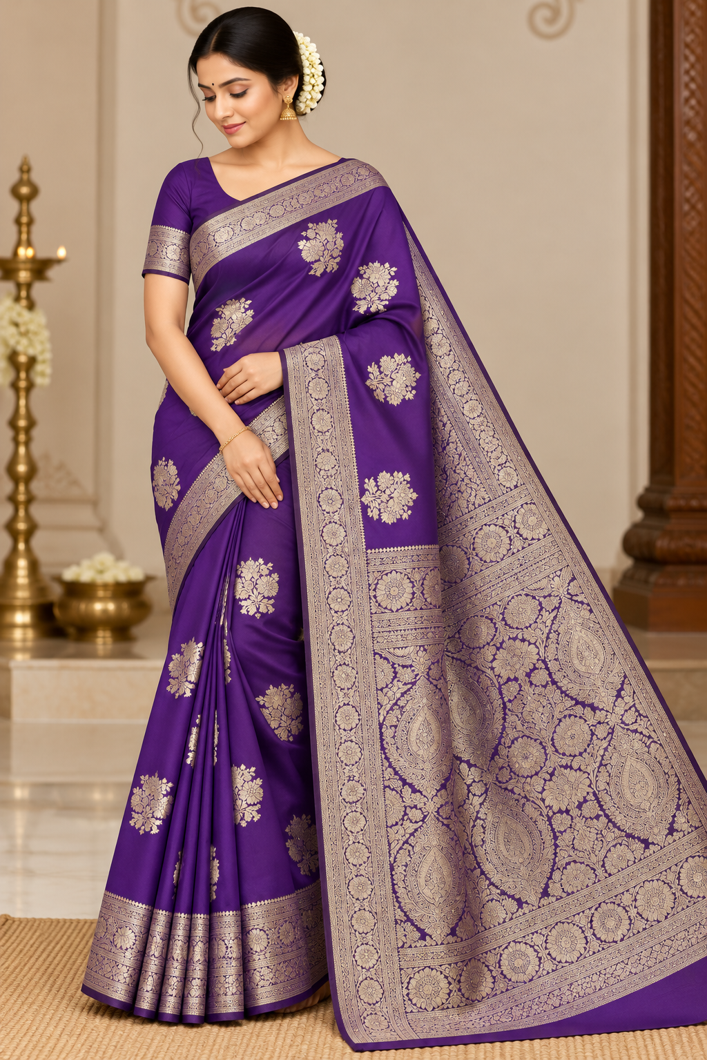 Royal Violet Purple Banarasi Soft Georgette Saree with Antique Gold Zari Floral Buttas