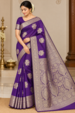 Royal Violet Purple Banarasi Soft Georgette Saree with Antique Gold Zari Floral Buttas