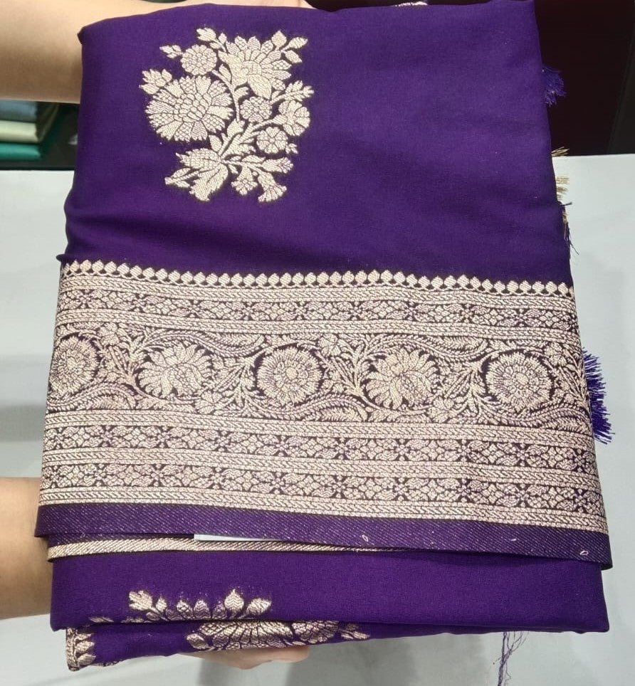 Royal Violet Purple Banarasi Soft Georgette Saree with Antique Gold Zari Floral Buttas