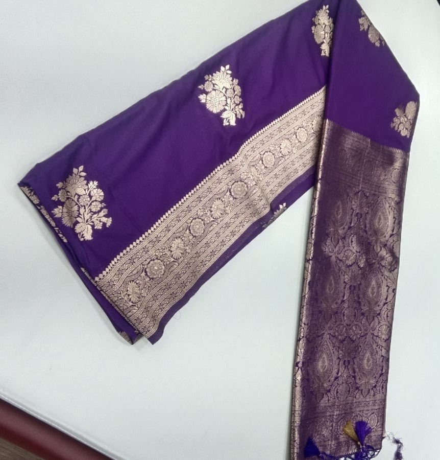 Royal Violet Purple Banarasi Soft Georgette Saree with Antique Gold Zari Floral Buttas