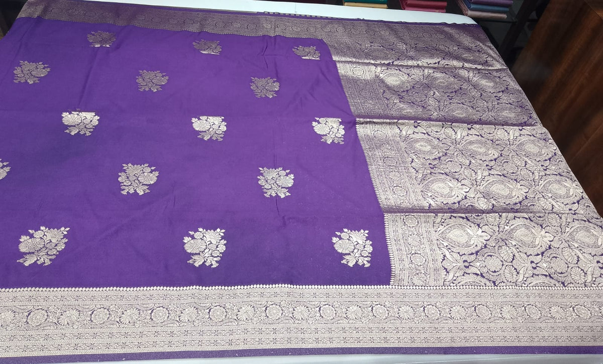 Royal Violet Purple Banarasi Soft Georgette Saree with Antique Gold Zari Floral Buttas
