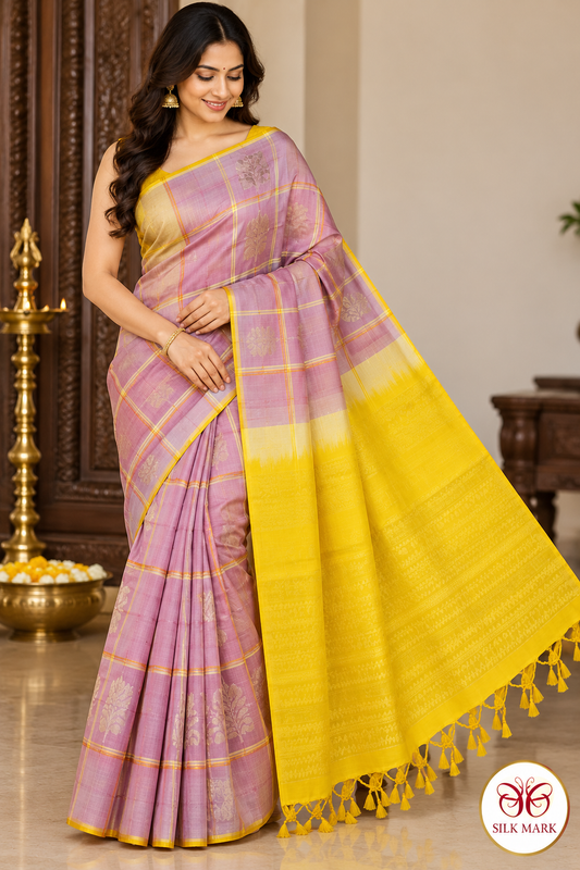 Pure Handloom Soft Silk Borderless Saree in Dusty Rose Pink & Mustard Yellow