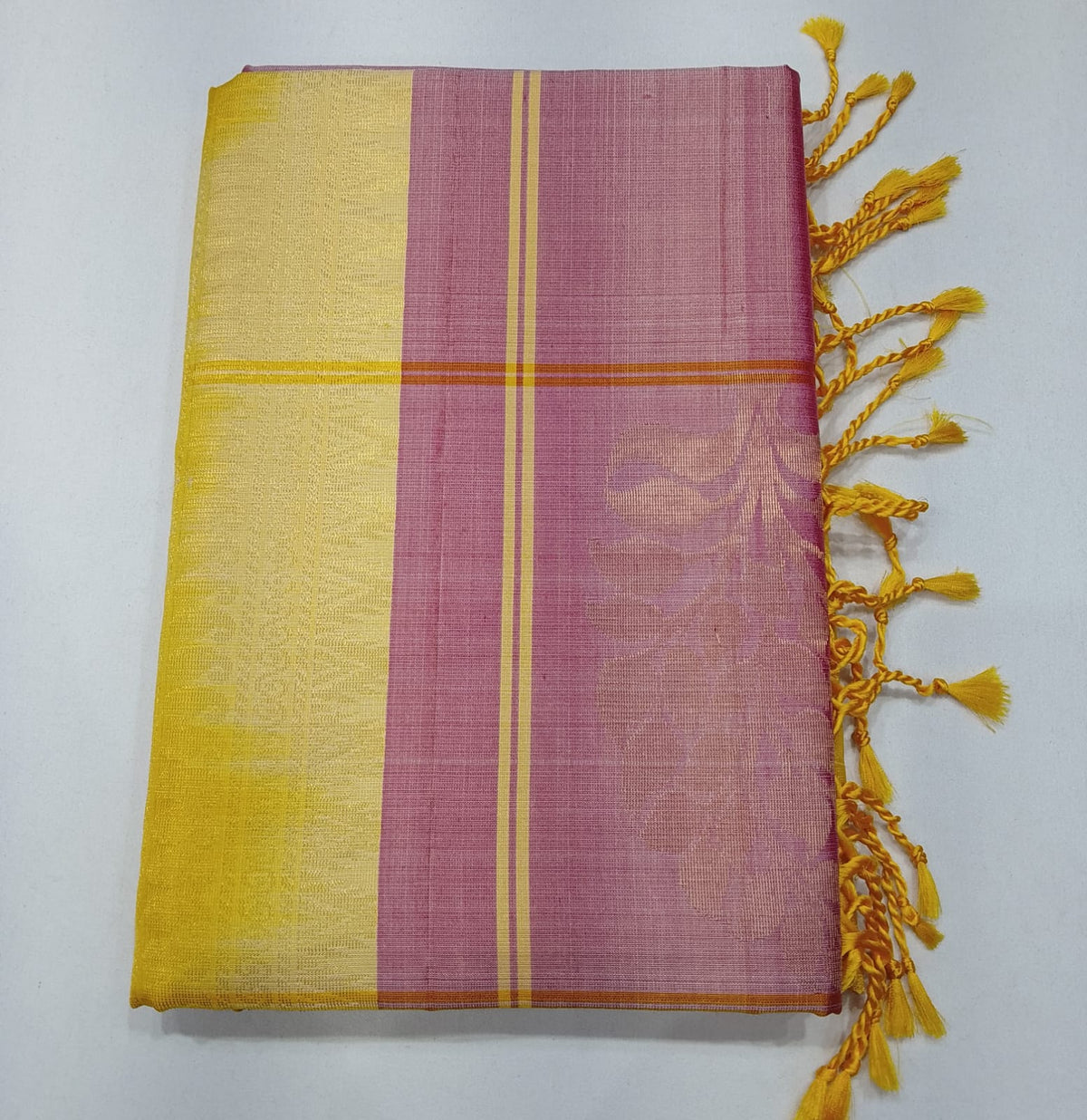 Pure Handloom Soft Silk Borderless Saree in Dusty Rose Pink & Mustard Yellow