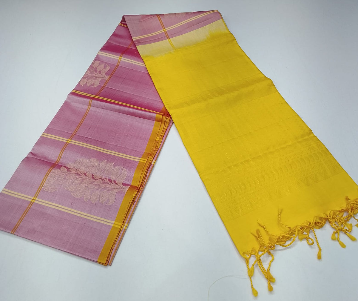 Pure Handloom Soft Silk Borderless Saree in Dusty Rose Pink & Mustard Yellow