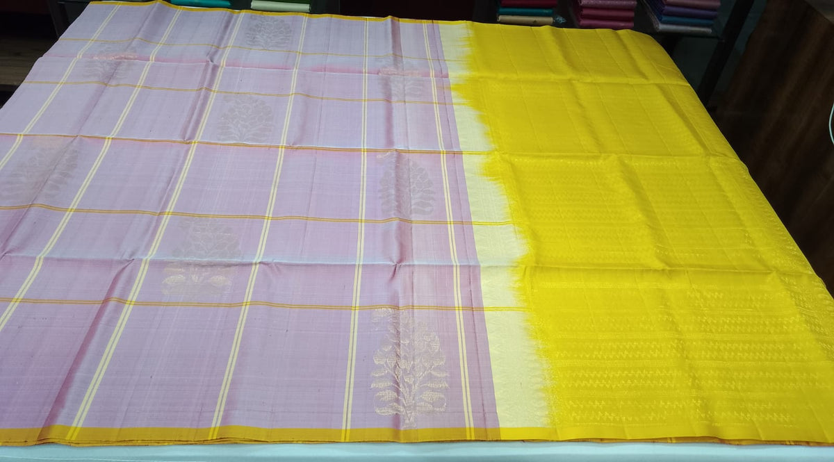 Pure Handloom Soft Silk Borderless Saree in Dusty Rose Pink & Mustard Yellow