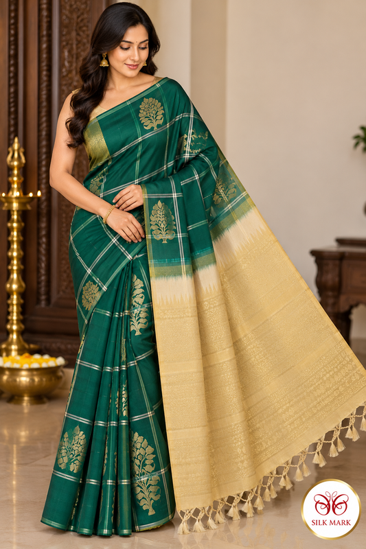 Pure Handloom Soft Silk Borderless Saree in Bottle Green & Antique Gold