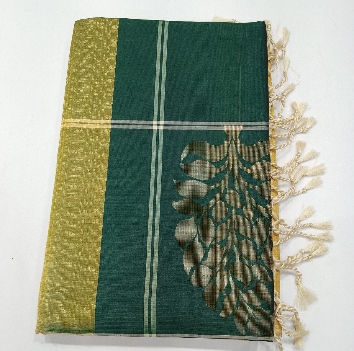 Pure Handloom Soft Silk Borderless Saree in Bottle Green & Antique Gold