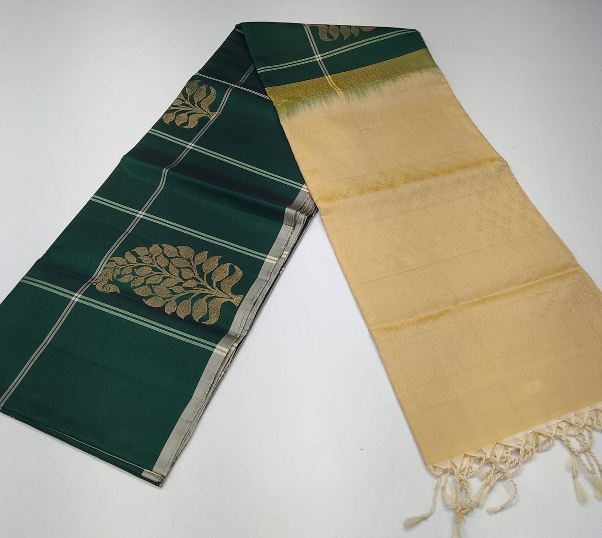 Pure Handloom Soft Silk Borderless Saree in Bottle Green & Antique Gold