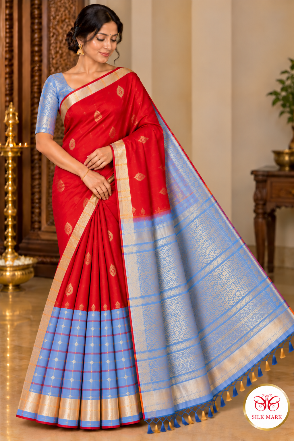 Pure Handloom Soft Silk Saree – Ruby Red & Powder Blue with Zari Pallu