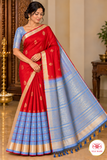 Pure Handloom Soft Silk Saree – Ruby Red & Powder Blue with Zari Pallu