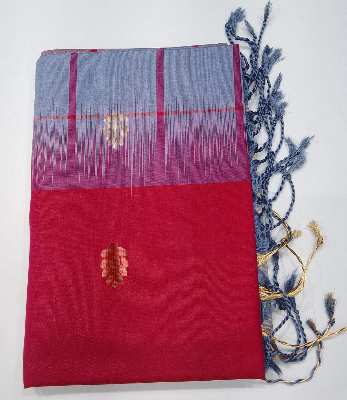 Pure Handloom Soft Silk Saree – Ruby Red & Powder Blue with Zari Pallu