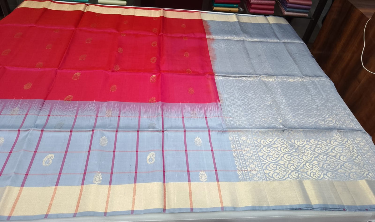 Pure Handloom Soft Silk Saree – Ruby Red & Powder Blue with Zari Pallu