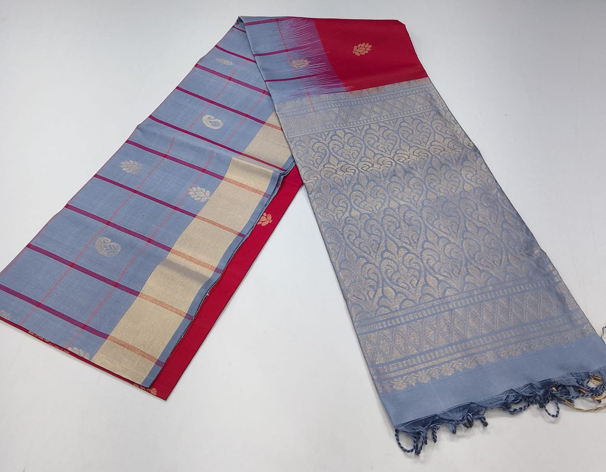 Pure Handloom Soft Silk Saree – Ruby Red & Powder Blue with Zari Pallu