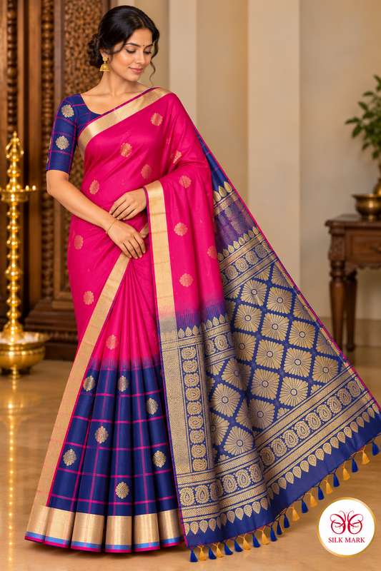 Pure Handloom Soft Silk Saree in Fuchsia Pink & Navy Blue with Gold Zari Floral Pallu