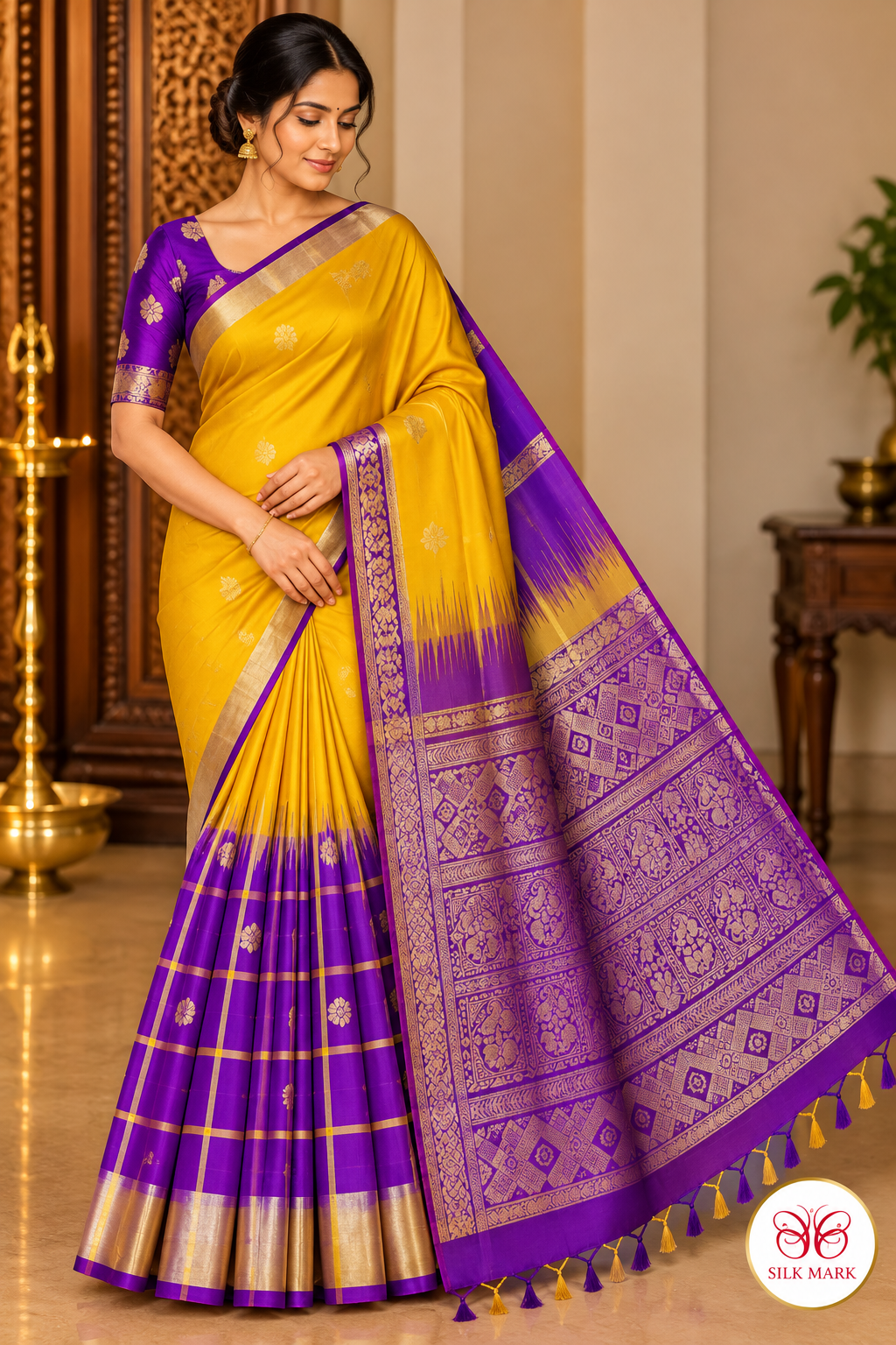 Pure Handloom Soft Silk Saree in Mustard Yellow & Royal Purple with Gold Zari Pallu