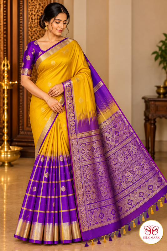 Pure Handloom Soft Silk Saree in Mustard Yellow & Royal Purple with Gold Zari Pallu