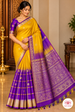Pure Handloom Soft Silk Saree in Mustard Yellow & Royal Purple with Gold Zari Pallu