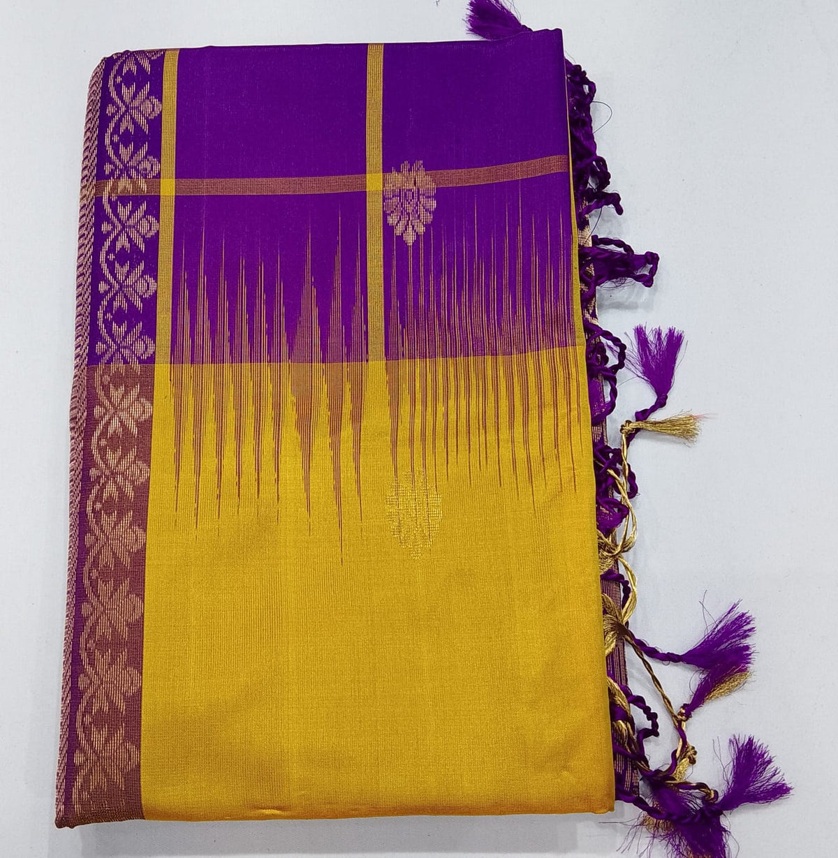 Pure Handloom Soft Silk Saree in Mustard Yellow & Royal Purple with Gold Zari Pallu