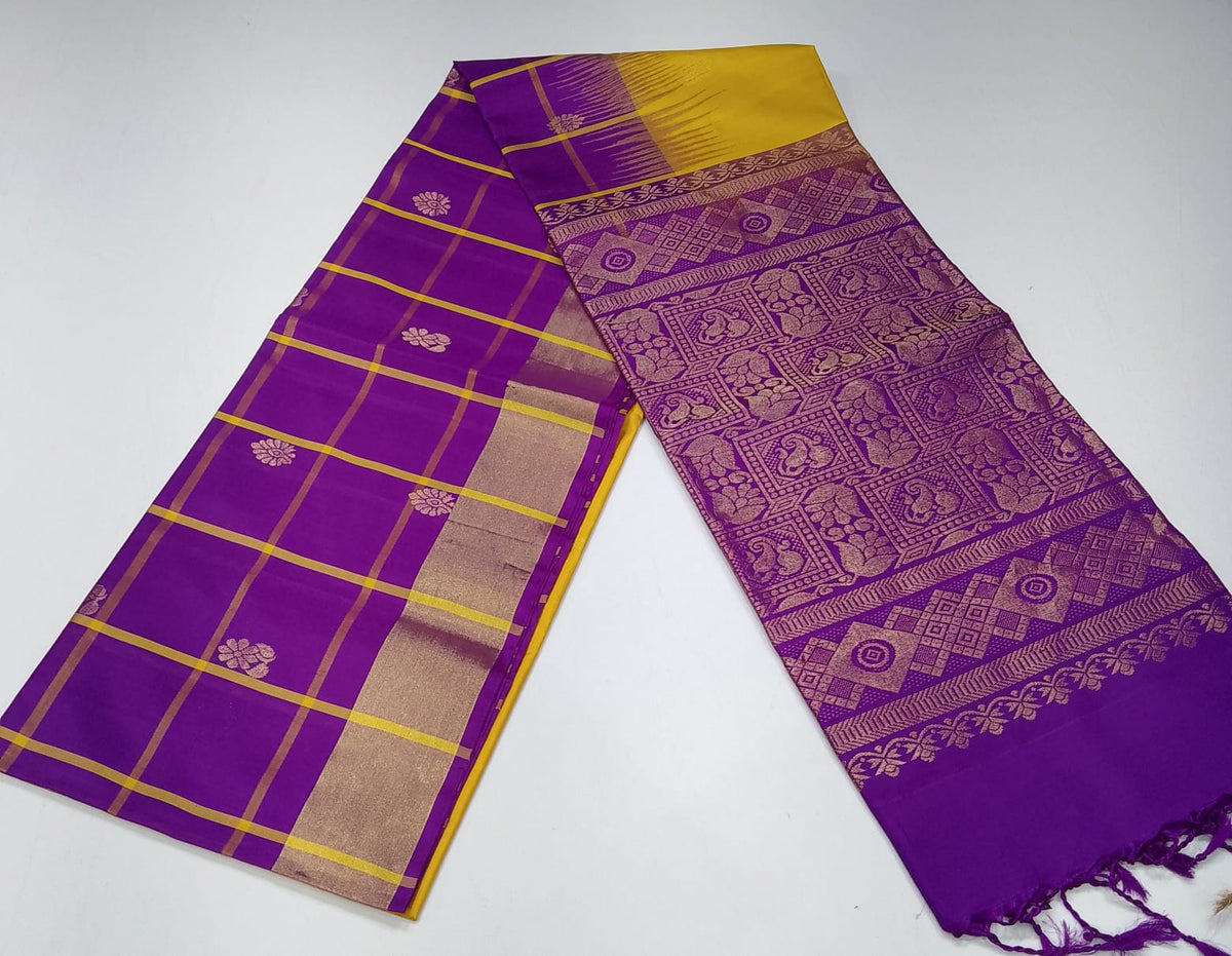 Pure Handloom Soft Silk Saree in Mustard Yellow & Royal Purple with Gold Zari Pallu