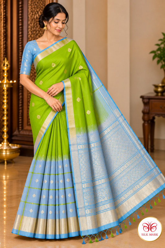 Pure Handloom Soft Silk Saree in Lime Green & Powder Blue with Zari Pallu