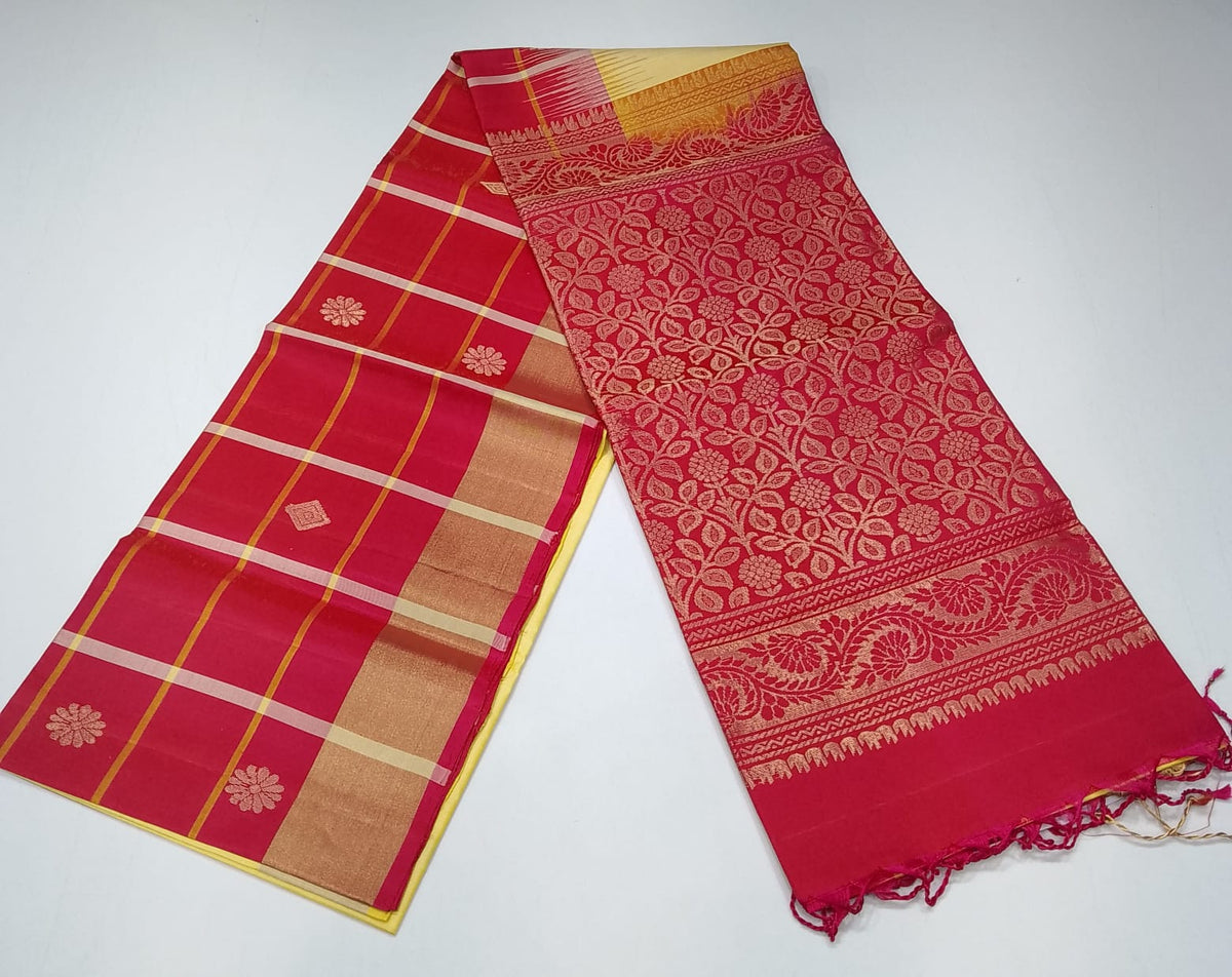 Pure Handloom Soft Silk Saree – Light Lemon Yellow & Rani Pink with Gold Zari