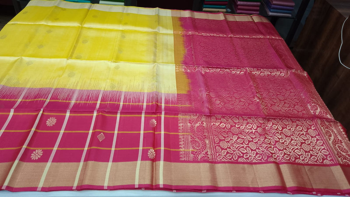 Pure Handloom Soft Silk Saree – Light Lemon Yellow & Rani Pink with Gold Zari