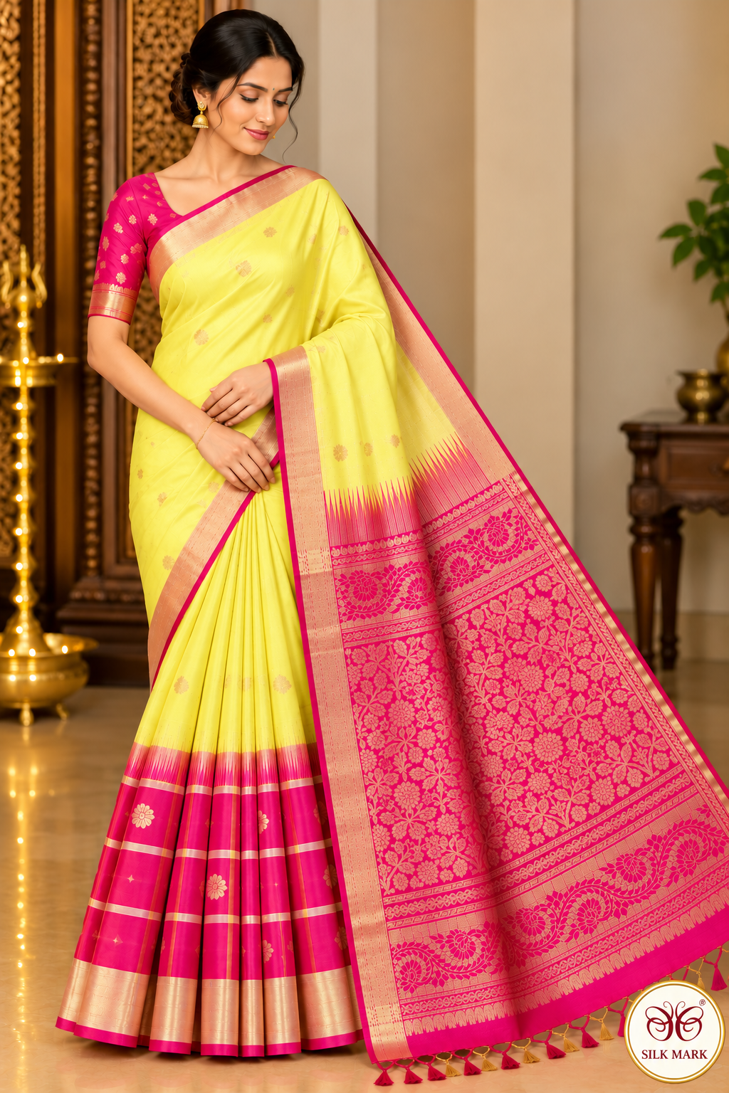 Pure Handloom Soft Silk Saree – Light Lemon Yellow & Rani Pink with Gold Zari