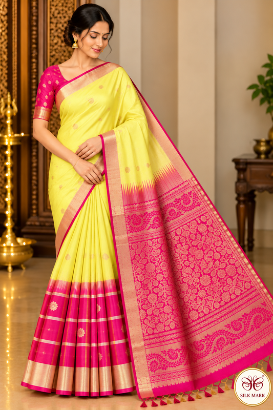 Pure Handloom Soft Silk Saree – Light Lemon Yellow & Rani Pink with Gold Zari