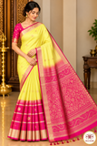 Pure Handloom Soft Silk Saree – Light Lemon Yellow & Rani Pink with Gold Zari
