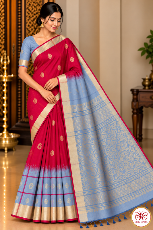 Pure Handloom Soft Silk Saree – Ruby Red & Powder Blue with Zari Pallu