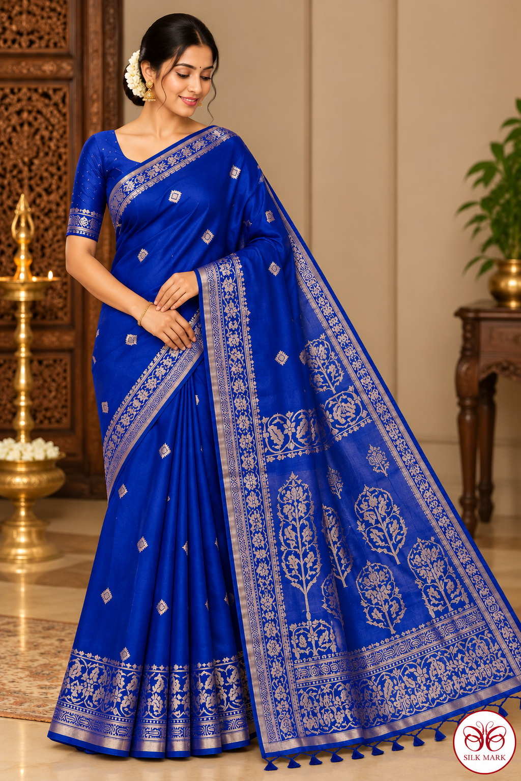 Pure Handloom Royal Blue Soft Silk Saree with Antique Gold Zari Work