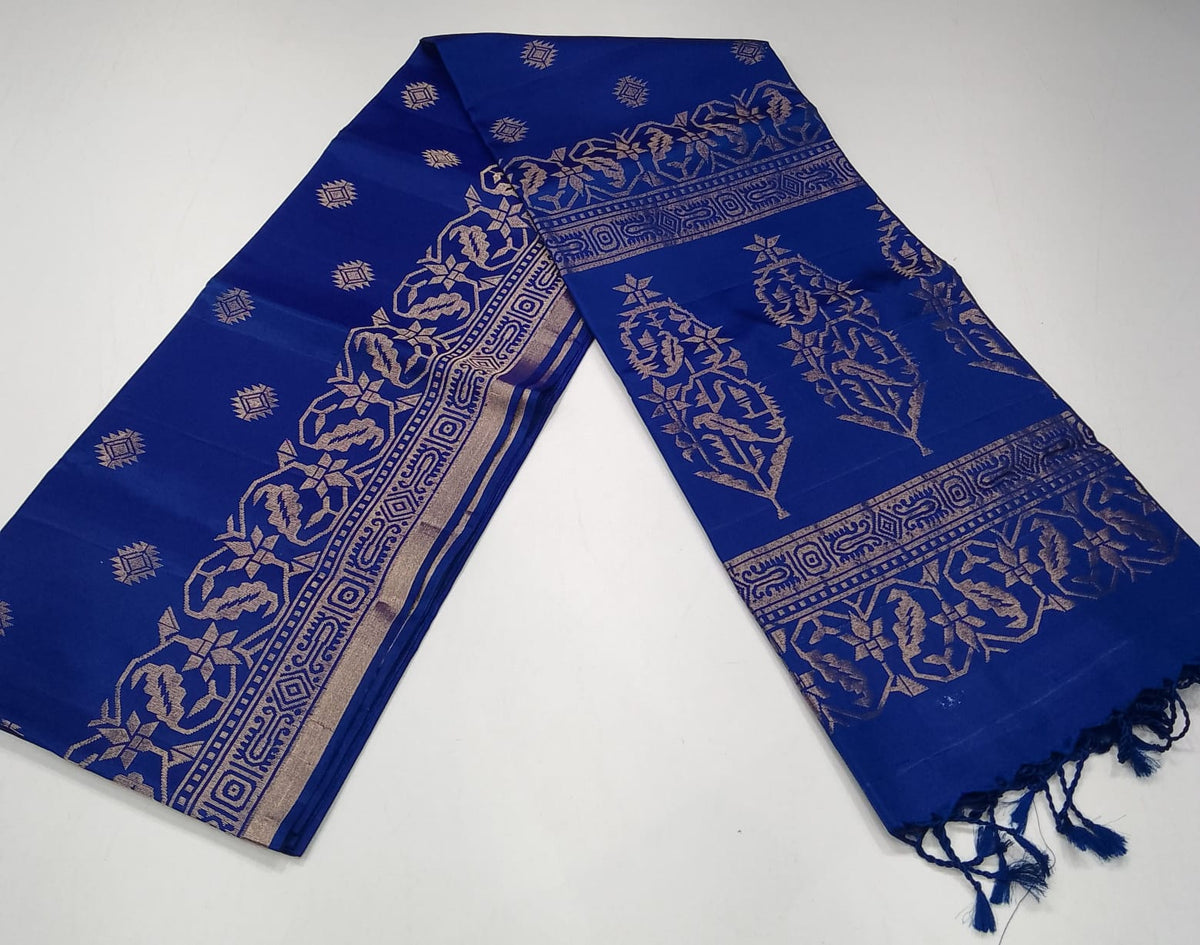 Pure Handloom Royal Blue Soft Silk Saree with Antique Gold Zari Work