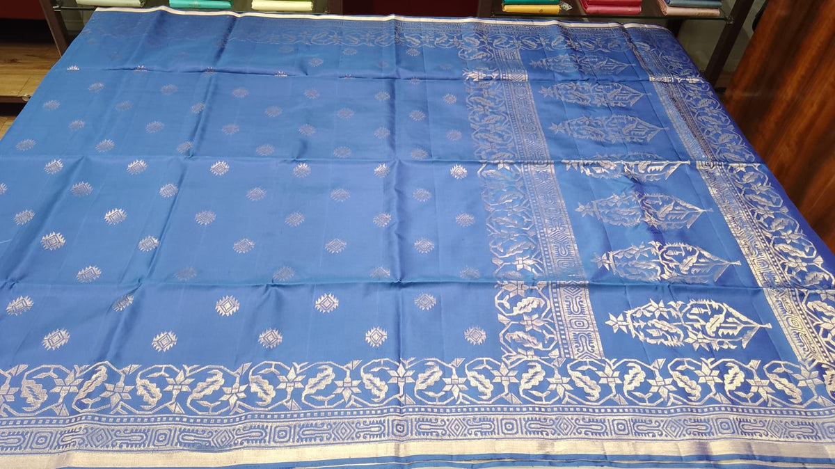 Pure Handloom Royal Blue Soft Silk Saree with Antique Gold Zari Work