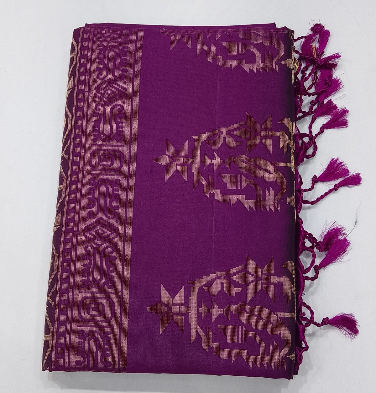 Pure Handloom Soft Silk Saree in Rich Purple with a subtle Magenta undertone with Antique Gold Zari