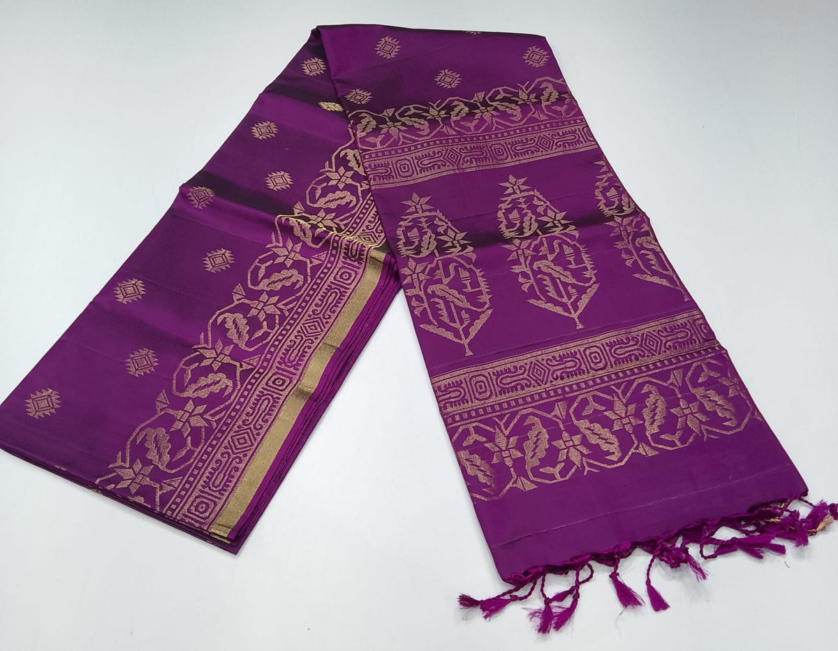 Pure Handloom Soft Silk Saree in Rich Purple with a subtle Magenta undertone with Antique Gold Zari