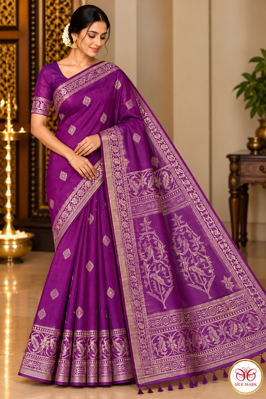 Pure Handloom Soft Silk Saree in Rich Purple with a subtle Magenta undertone with Antique Gold Zari