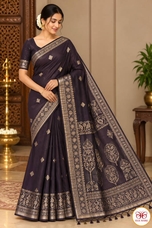 Pure Handloom Soft Silk Saree in Deep Chocolate Brown with Antique Gold Zari