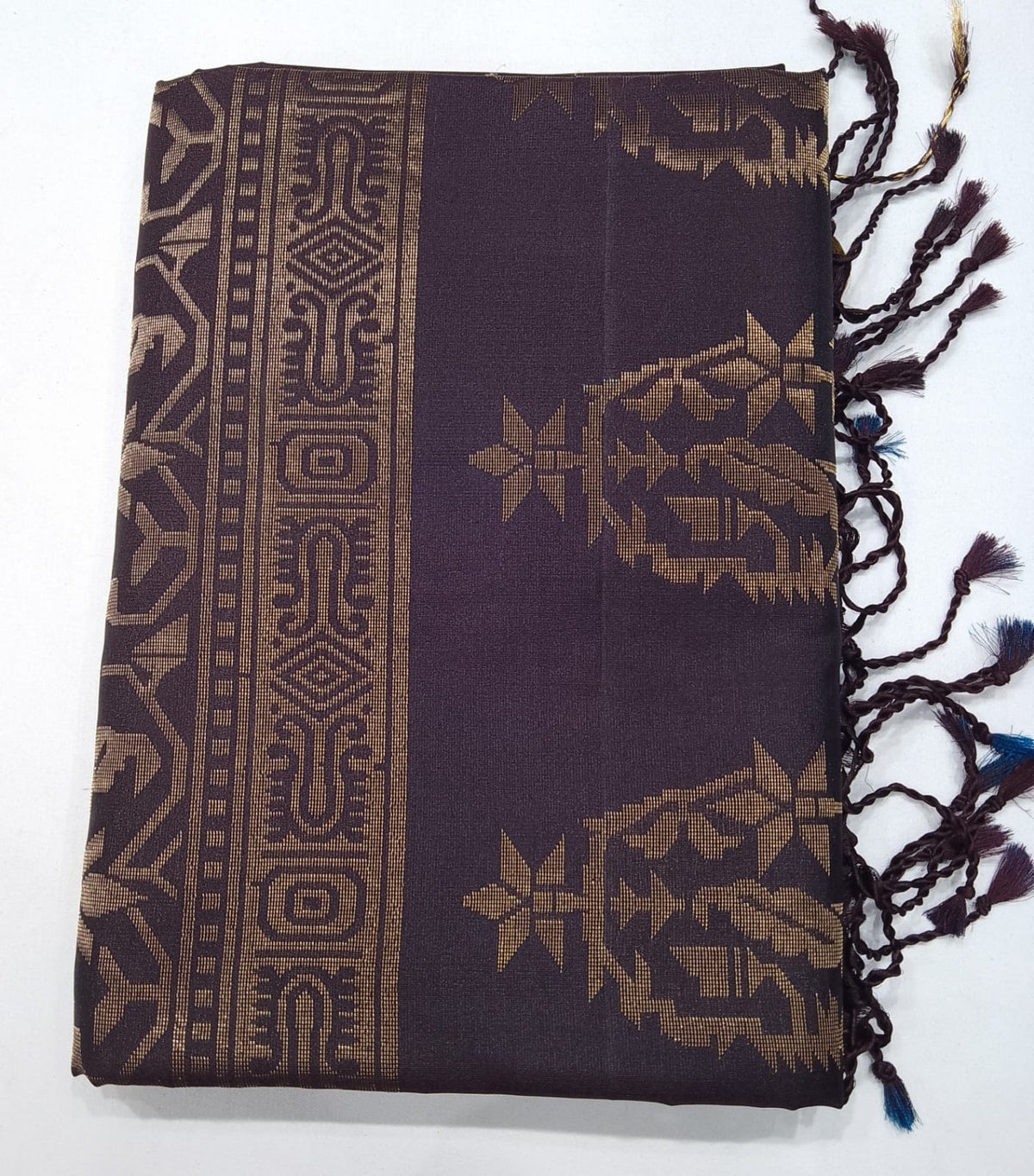 Pure Handloom Soft Silk Saree in Deep Chocolate Brown with Antique Gold Zari