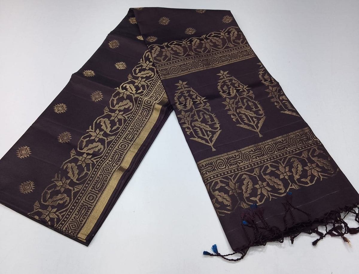 Pure Handloom Soft Silk Saree in Deep Chocolate Brown with Antique Gold Zari